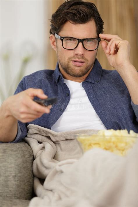 Man Eating Popcorn While Watching Television Stock Photo Image Of