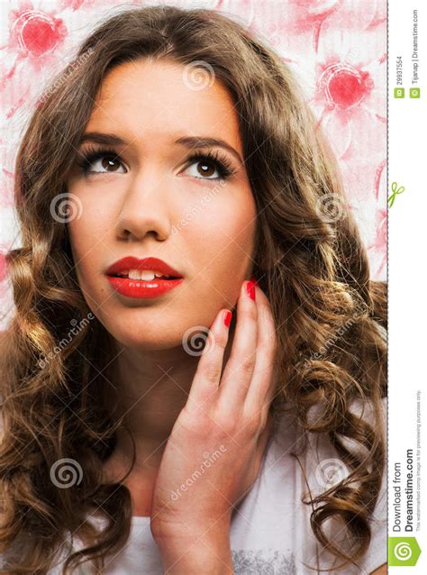 Portrait Of Beautiful Woman Looking Up Stock Photo Image