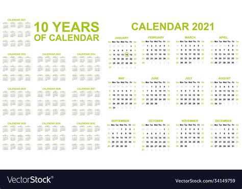 2021 2030 Ten Years Calendar Simple Green Vector Image