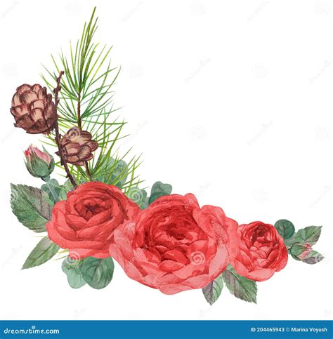 Winter Bouquet With Pine Needles And Red Roses With Cones And Buds For