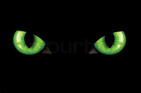 Green Dangerous Wild Cat Eyes On Black Background Vector Illustration