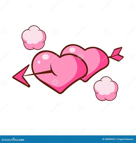 Two Pink Hearts Pierced By An Arrow Colorful Cartoon Illustration