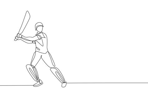One Continuous Line Drawing Of Young Happy Woman Cricket Player Stance
