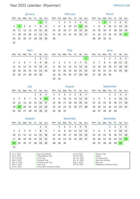 Calendar For 2022 With Holidays In Myanmar Print And Download Calendar