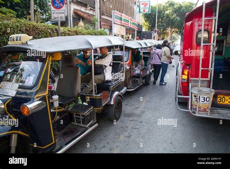 Tuk Tuks Waiting In Street Transport Vehicles Chiang Mai Thailand