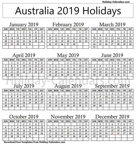 Australia Holidays 2019 Calendar Australia Holidays 2019 Yearly