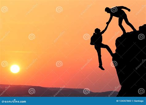 Teamwork Couple Hiking Help Each Other Trust Assistance Silhouette In