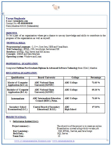 Beautiful graduate student resume sample with free download in word doc. MCA Fresher Resume Sample (1) | Simple resume format ...