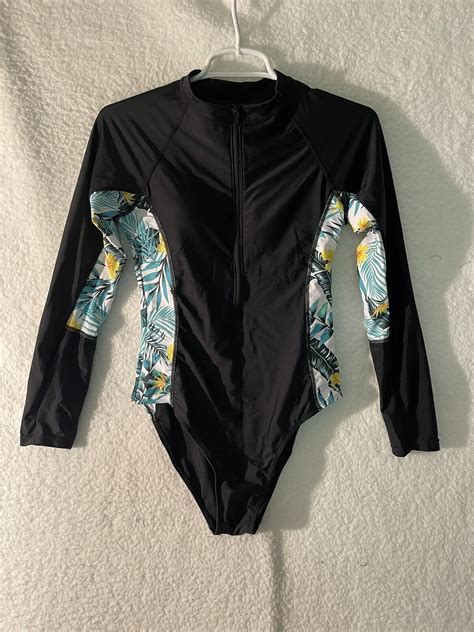 Daci Women Black Floral Rash Guard Long Sleeve 1 Piece Swimsuit Zipper Surfing S Ebay