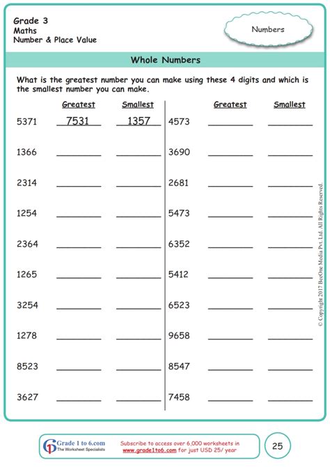 Whole Numbers Worksheet Grade 3