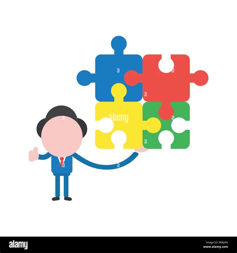 Vector Illustration Businessman Character Holding Four Connected Jigsaw