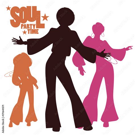 Silhouettes Of Three Dancing Soul Funk Or Disco Retro Style Stock