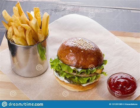 Fast Food On The Wooden Tabletop Stock Image Image Of Delicious