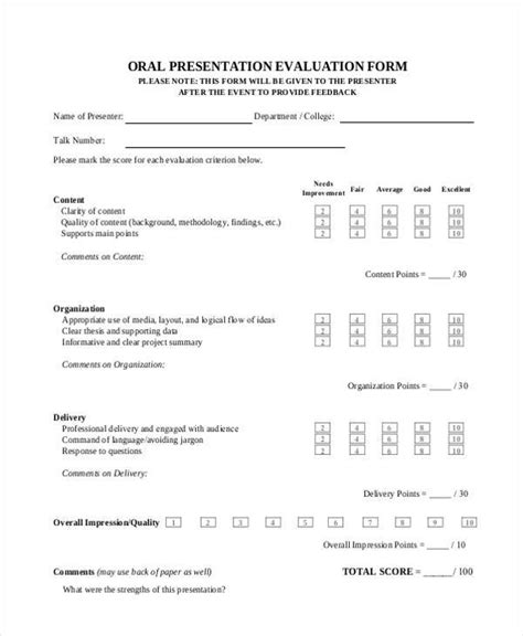 Oral Presentation Evaluation Form Templates Fillable