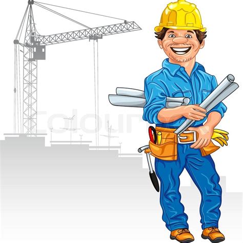 Vector Cheerful Engineer Builder In The Yellow Helmet With The Drawing