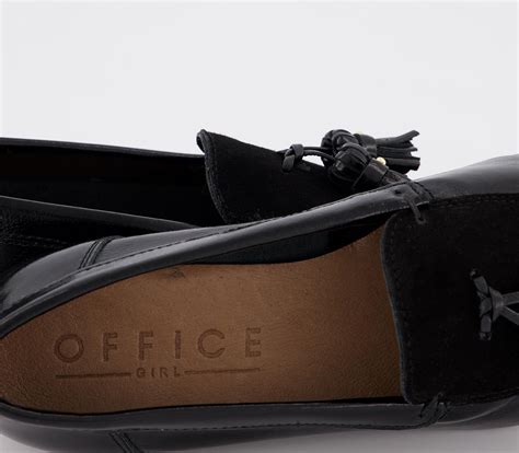 Office Retro Tassel Loafers Black Leather Suede Mix Flat Shoes For Women