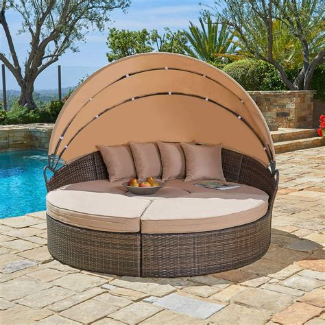 Suncrown Outdoor Rattan Round Retractable Canopy Daybed Patio Sofa