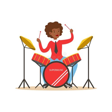 Young Black Woman Playing On Drums Guy Behind The Drum Kit Vector