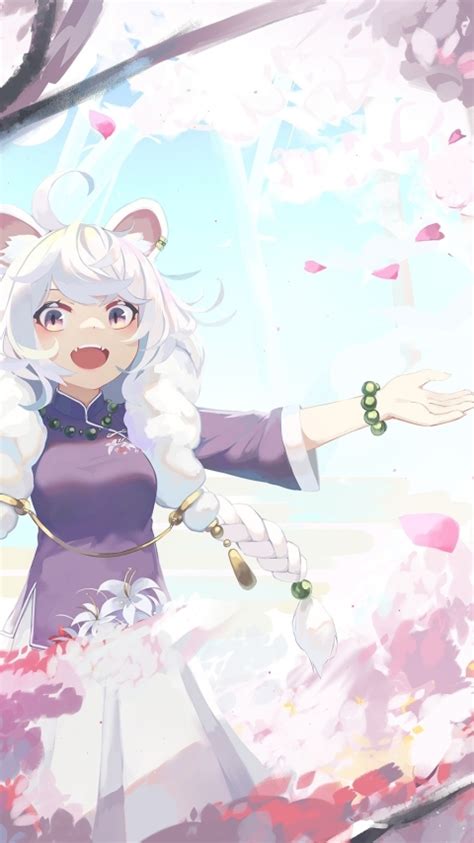 Wallpaper Sakura Blossom White Hair Animal Ears Smiling Anime Girl