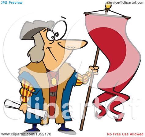 Clipart Of Cartoon Christopher Columbus Holding A Scroll And Flag
