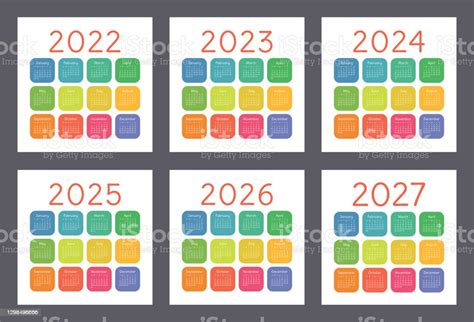Calendario 2022 2023 2024 2025 2026 E 2027 Anni Set Vettoriale Colorato