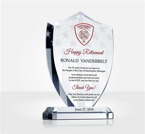 Since it is an established way of appreciating your top performers, you can use it employee of the month award should be a part of a wider recognition and reward program in order to give the best results. Shield Firefighter Retirement Gift Plaque - DIY Awards