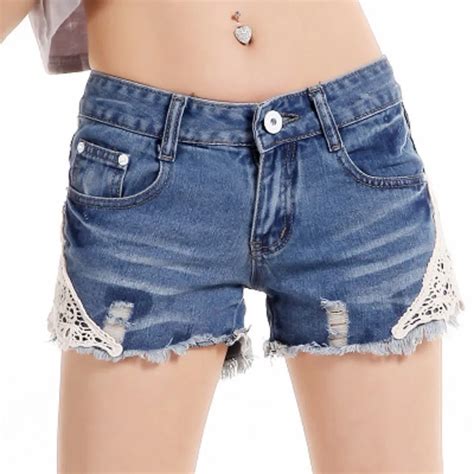 2015 New Brand Women Lace Flower Skinny Jean Shorts Cut Off Denim Short