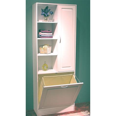 Shelf with plenty of capacity for storage of multiple towels. Tall Bathroom Cabinet With Laundry Basket - Basket Poster