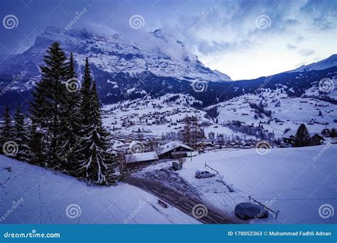Scenic Mountain View Of Grindelwald Switzerland In Winter Stock Image