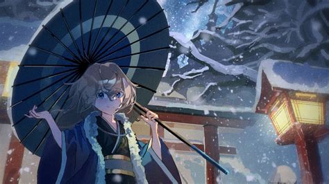 Download Wallpaper 1920x1080 Girl Smile Umbrella Kimono Snow Anime