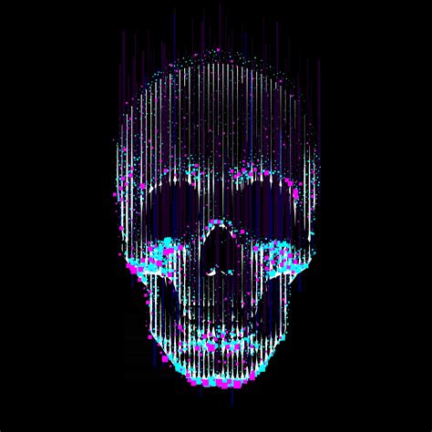 Vector Glitch Line Art Skull Human Skull Front View Enlightened From