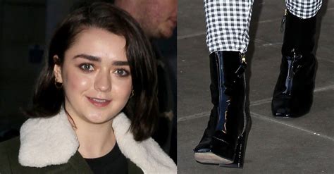 Maisie Williams In Double Breasted Fur Trimmed Coat And Shiny Black Boots