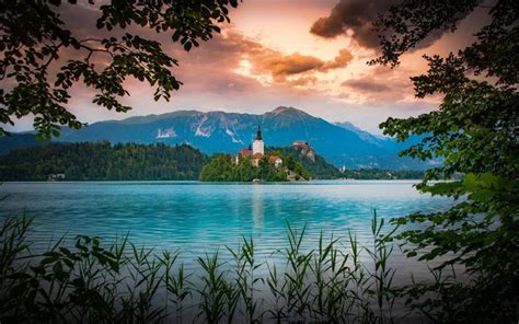 Download Wallpapers Bled Evening Sunset Lake Bled Island Church