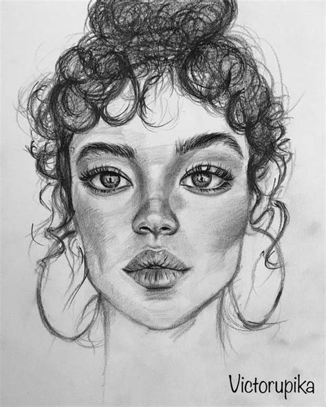 A Pencil Drawing Of A Womans Face With Curls On Her Head And Eyes