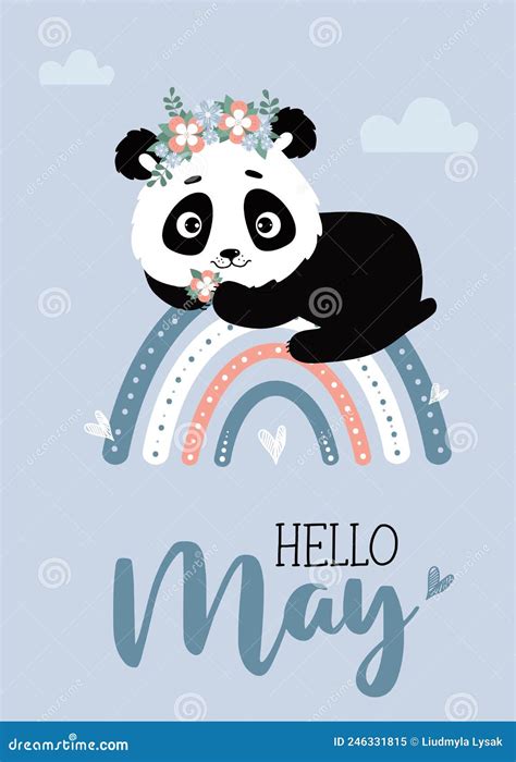 Cute Panda With Flower Wreath On Rainbow With Clouds Postcard Hello