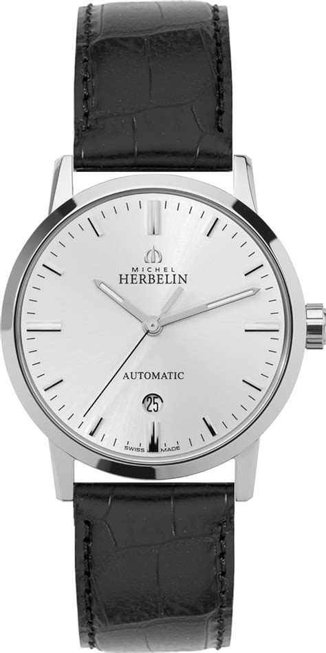 michel herbelin men s automatic watch with white dial analogue display and black leather strap