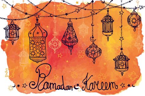 Lantern Garland Of Ramadan Kareemdoodlewatercolor Orange Splas Stock