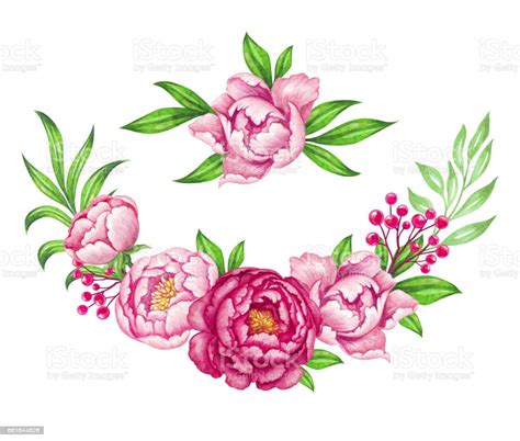 Download Fresh Pink Peony Garland Rose And Green Leaves Watercolor ...