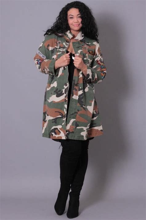 Plus Size Camouflage Patch Trench Coat Camo Print Trendy Plus Size