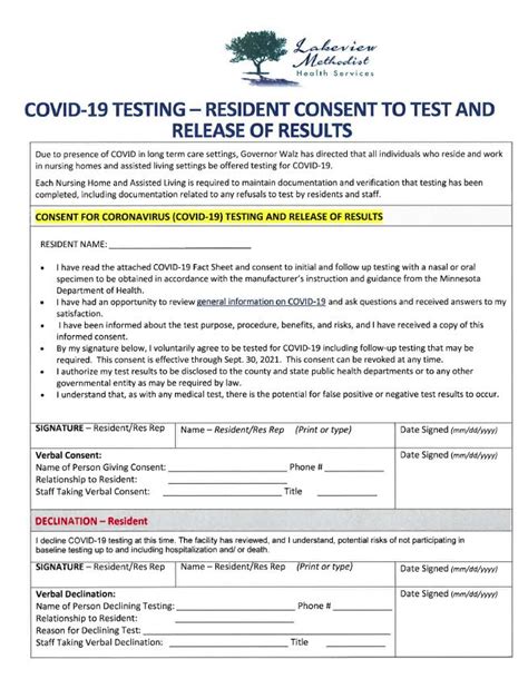 Covid 19 Testing Resident Consent To Test And Release Of Results