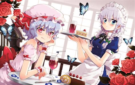 2girls Apron Blue Eyes Blue Hair Braids Butterfly Cake Chiba Sadoru Drink Flowers Food Hat