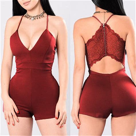 Sexy V Neck Women Rompers Solid Lace Backless Night Club Bodycon Playsuits Romper Short Pants In