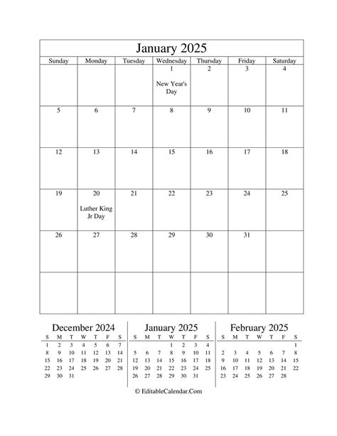 Editable Calendar January 2025