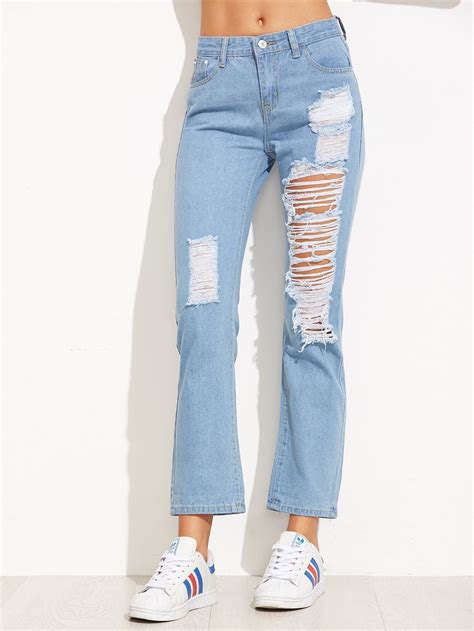 Blue Ripped Boyfriend Denim Jeans Sheinsheinside
