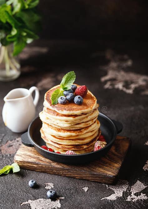 Pancakes With Berries And Maple Syrup Sweet Homemade Stack Of Pancakes