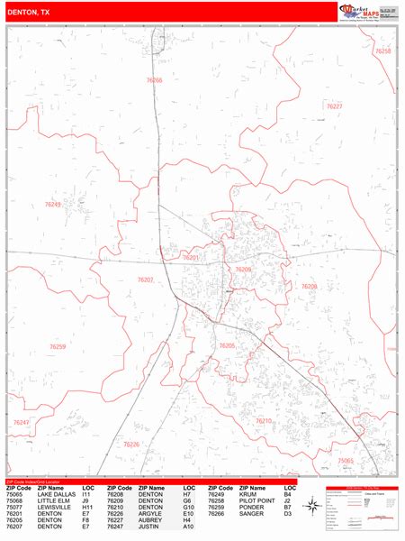Denton Texas Zip Code Wall Map Red Line Style By Marketmaps