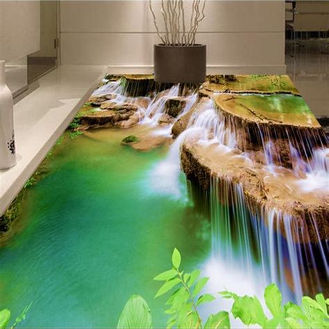 Custom 3d Beauty Forest Waterfall Photo Self Adhesive Floor Sticker For