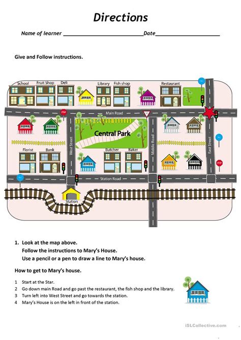 Give And Follow Directions On A Map Worksheet Free Esl