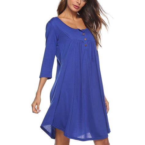 Womens Casual Summer O Neck 34 Sleeve Button Dresses Vesitdos Solid