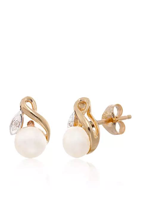 Belk And Co Freshwater Pearl And Diamond Flower Stud Earrings In 10k